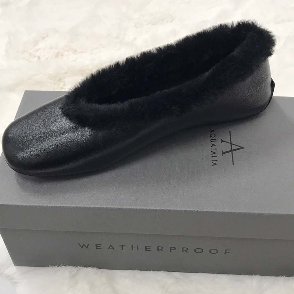 Aquatalia Women's Black Fur-Trim Leather Ballet Flat